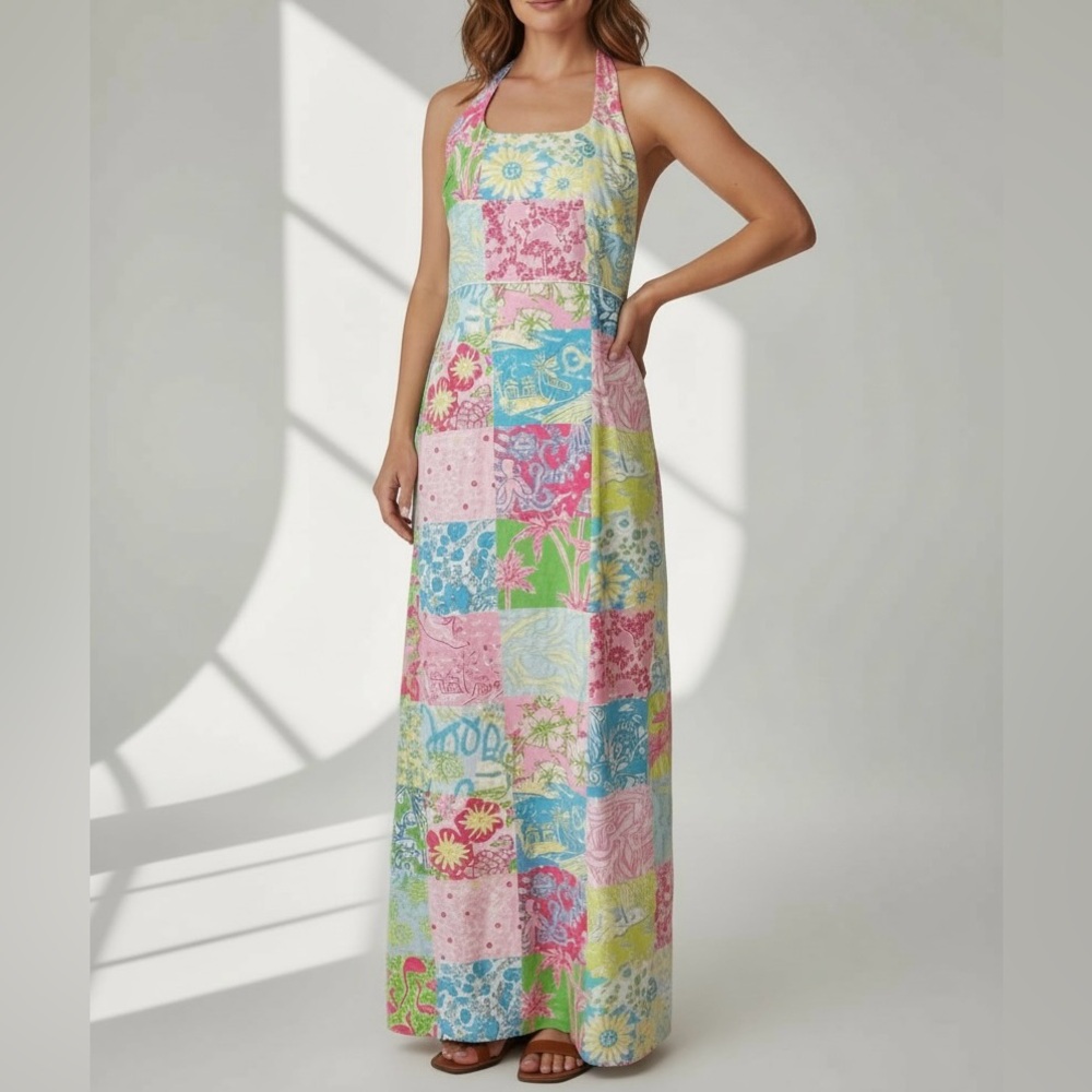 Lilly Pulitzer Millennium Palm Beach Patchwork  Halter Neck Maxi Dress Women 8